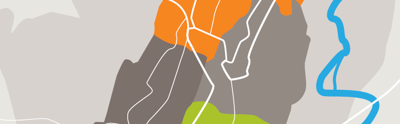 Umrisse einer Stadt, die im Zuge der kommunale Wärmeplanung in verschiedene Wärmeversorgungsgebiete eingeteilt wurde.