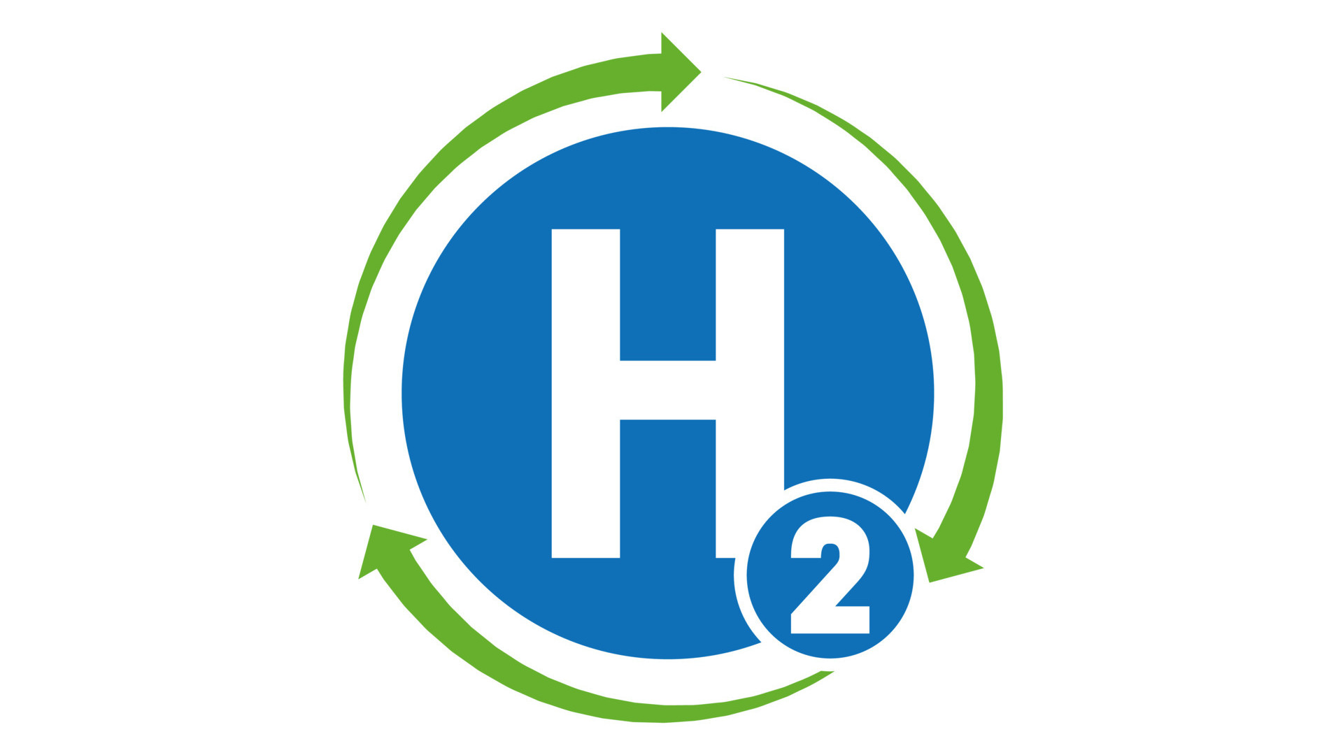 Blauer Kreis mit "H2", umgeben von grünen Pfeilen.