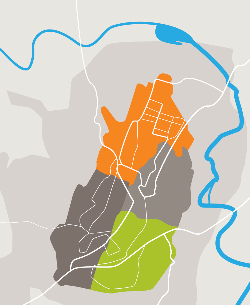 Die Umrisse einer Stadt, die im Rahmen der kommunalen Wärmeplanung in verschiedene Wärmeversorgungsgebiete eingeteilt wurde.