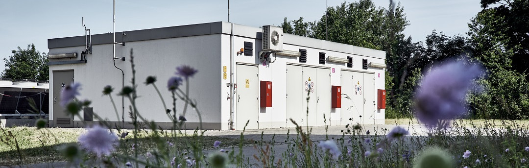 Eine Biogasanlage mit Blumen im Vordergrund.