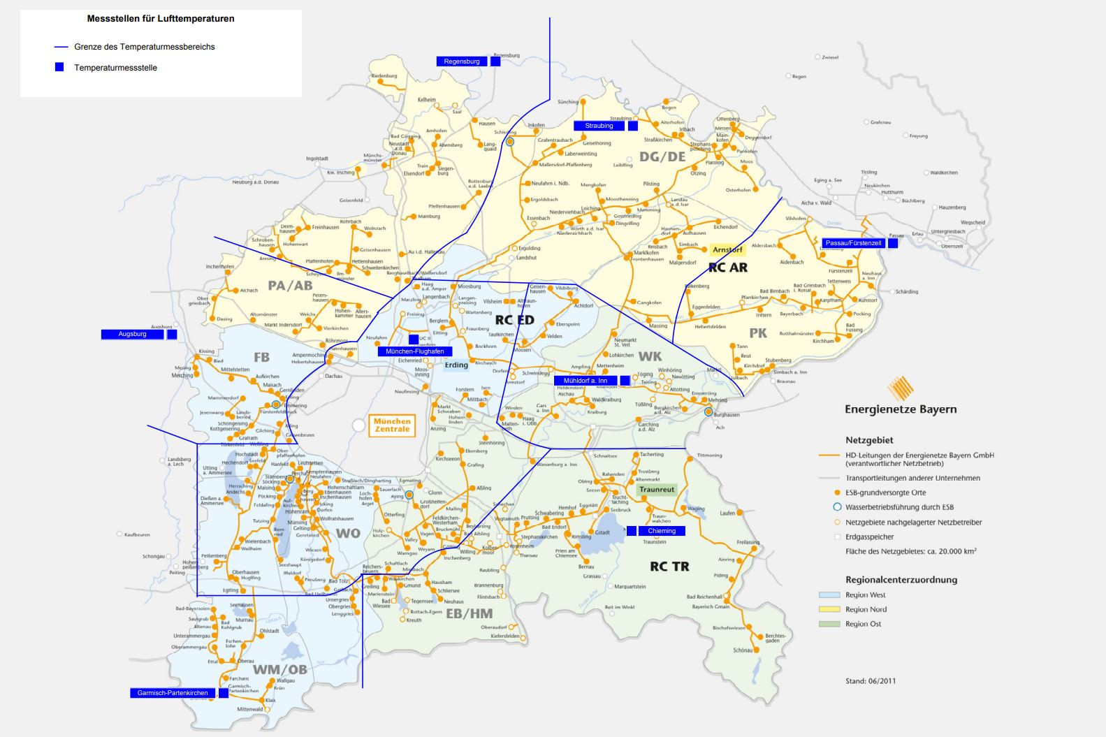 Karte mit Temperaturbereichen und Wetterstationen im Netzgebiet der Energienetze Bayern.