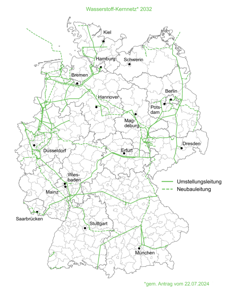 Deutschlandkarte, mit dem geplanten Wasserstoff-Kernnetz.